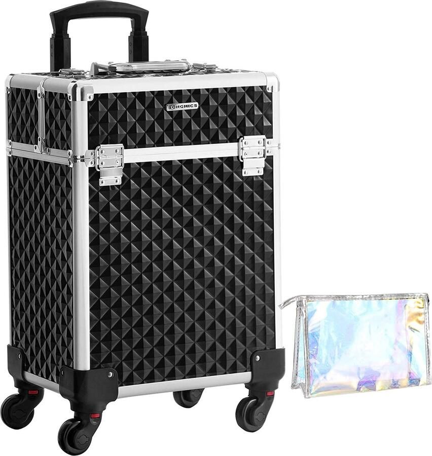 Rootz Living Rootz Make-Up Case Beauty Case Handvat Wielen Lades Travel Zwart Zilver 34 x 24 x 45 cm