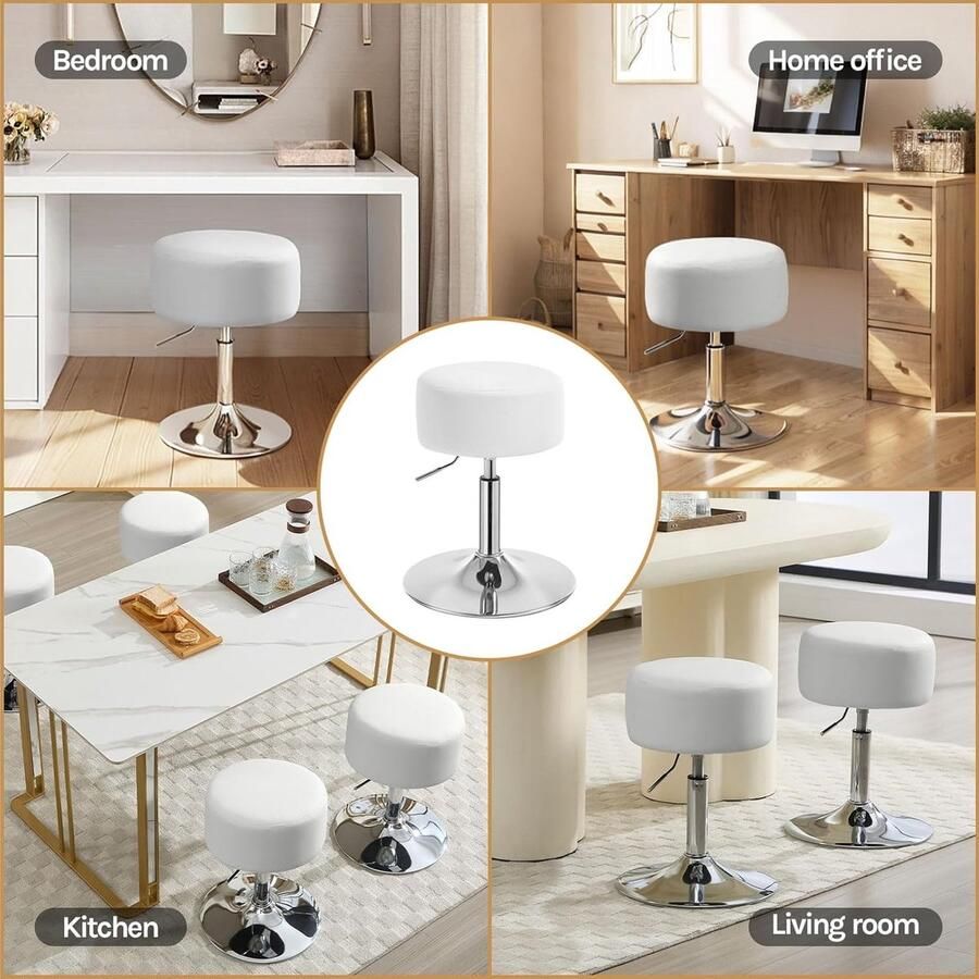 Make-up kruk in hoogte verstelbare kruk met bekleding ronde barkruk 360° draaibaar van kunstleder metaal voor slaapkamer studeerkamer kledingkast keuken Wit
