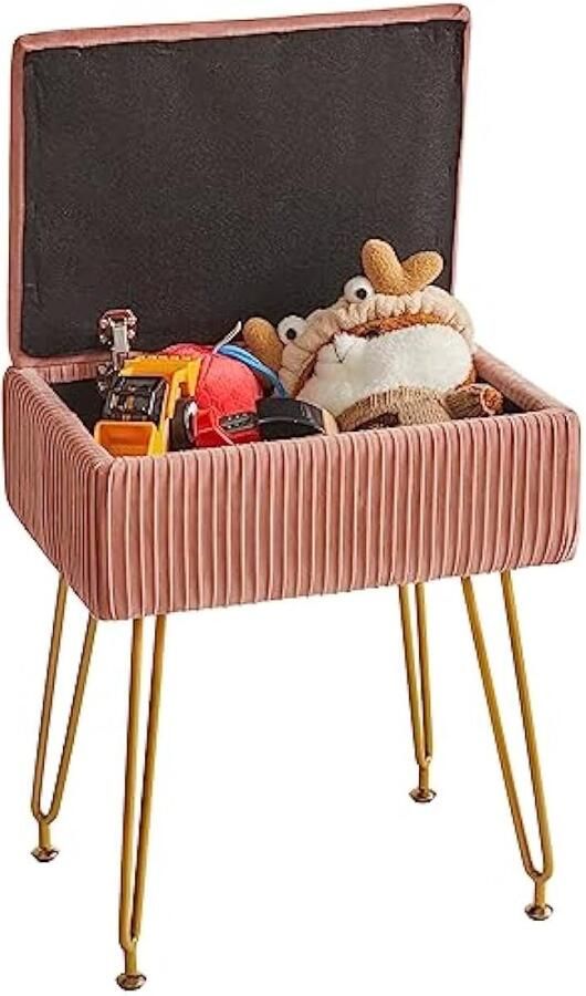 Make-up kruk stoel met opbergruimte vierkante kruk van fluweel moderne multifunctionele make-upkruk voor slaapkamer woonkamer kantoor gouden poten 40 x 29 5 x 48 cm roze HBD024P