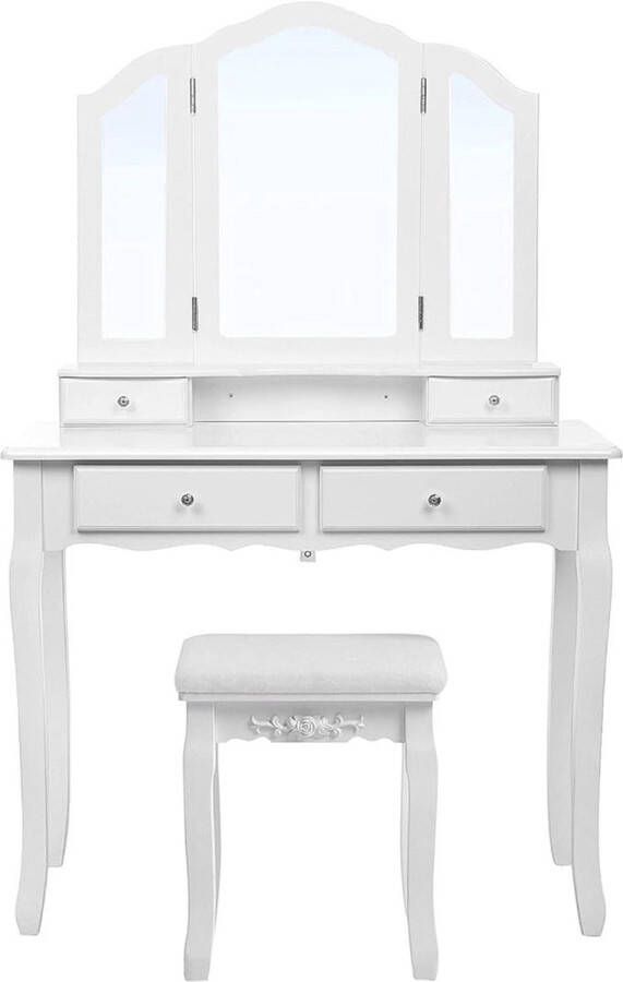 Schminktafel 3 Spiegels Met Kruk En 4 Laden Incl. 2 Onderverdelers Kantelbeveiliging Wit