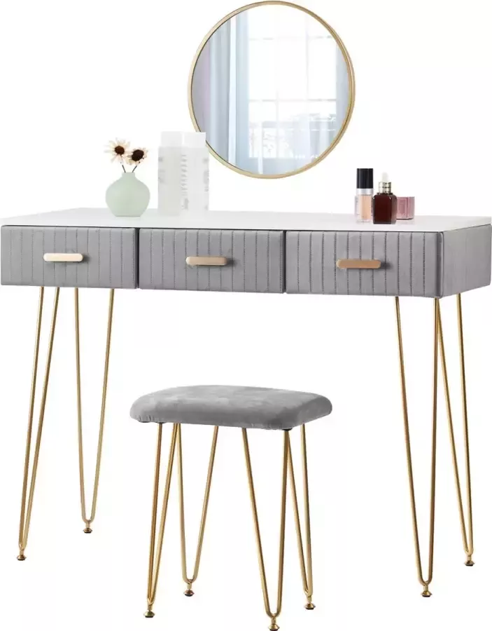 Boriso Make-up Tafel Kaptafel Met Spiegel Dressoir Luxe Kaptafel Slaapkamer Moderne look Grijs goud
