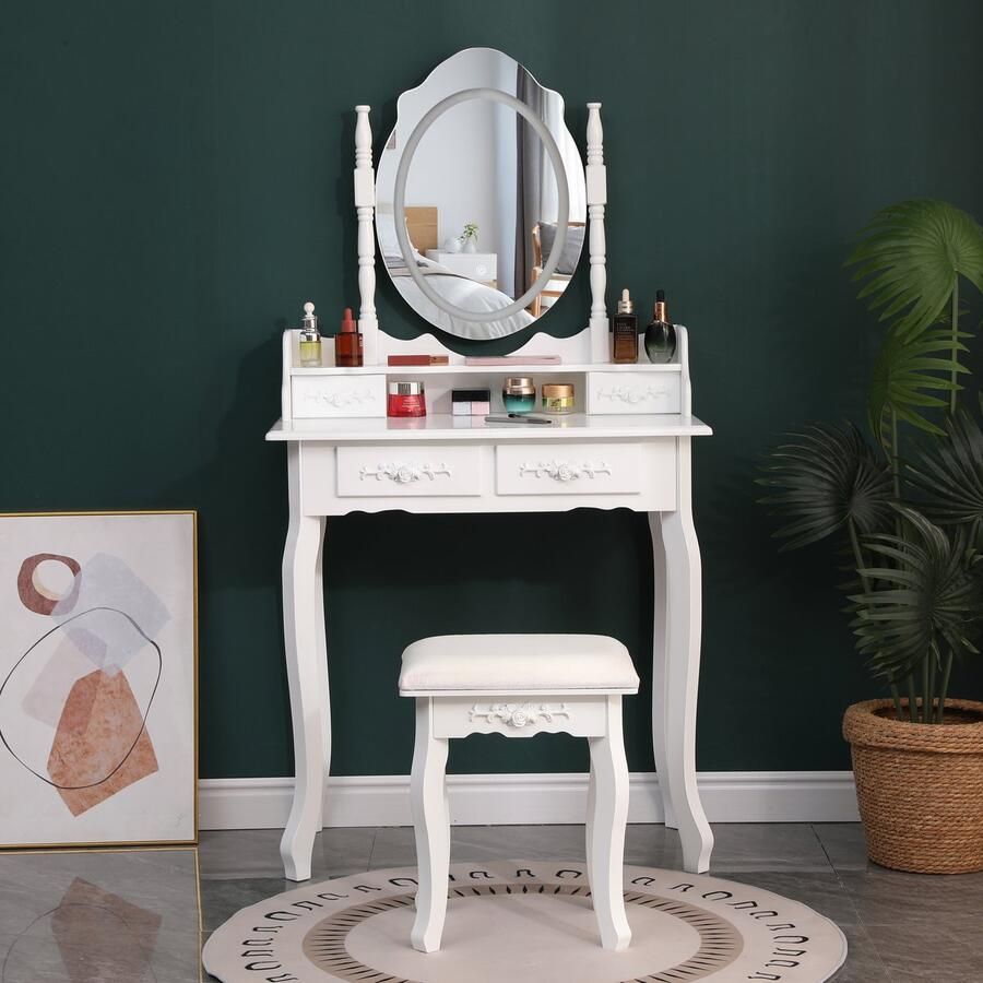 PrettyCoolTradings Make Up Tafel Kaptafel Met Spiegel en Verlichting Sinterklaas Cadeau Sieradendoos Make Up Spiegel Wit Met Krukje