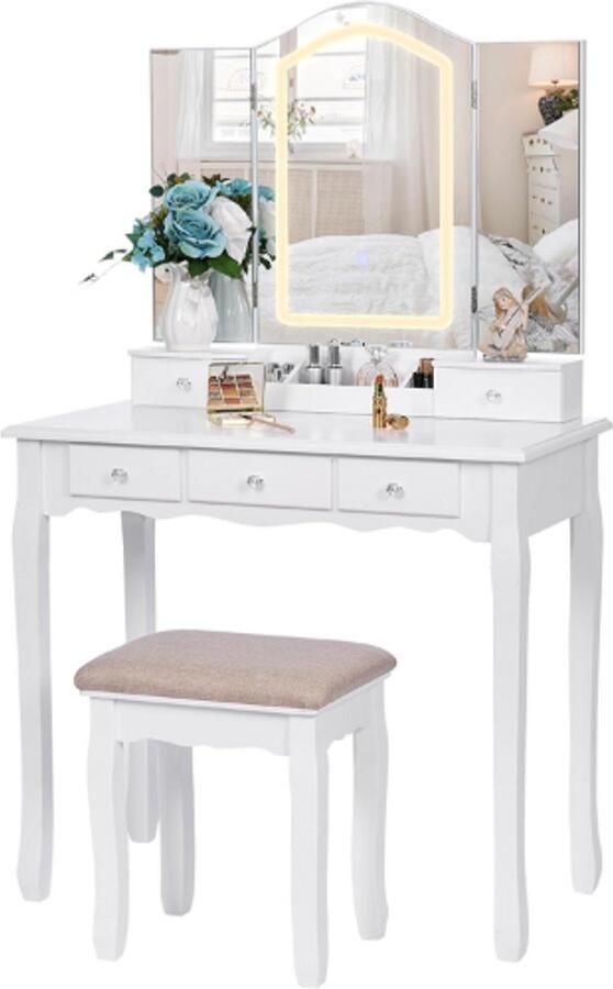 Make-Up Tafel Make-Up Tafel Met Spiegel Makeup Tafel Kaptafel Met Spiegel Make-Up Tafel Voor Meisjes Kaptafel Met Spiegel En Verlichting Kaptafel Kruk Make-Up Tafel Met Spiegel En Lampen 3 Kleurmodi Vijf Lades Incl Kruk