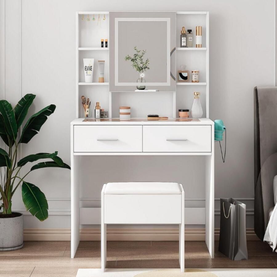 Make-Up Tafel Makeup Tafel Make-Up Tafel Met Spiegel Kaptafel Met Spiegel Make-Up Tafel Voor Meisjes Kaptafel Met Spiegel En Verlichting Kaptafel Kruk Make-Up Tafel Met Spiegel En Lampen Incl Kruk Incl Föhnhouder - Foto 2