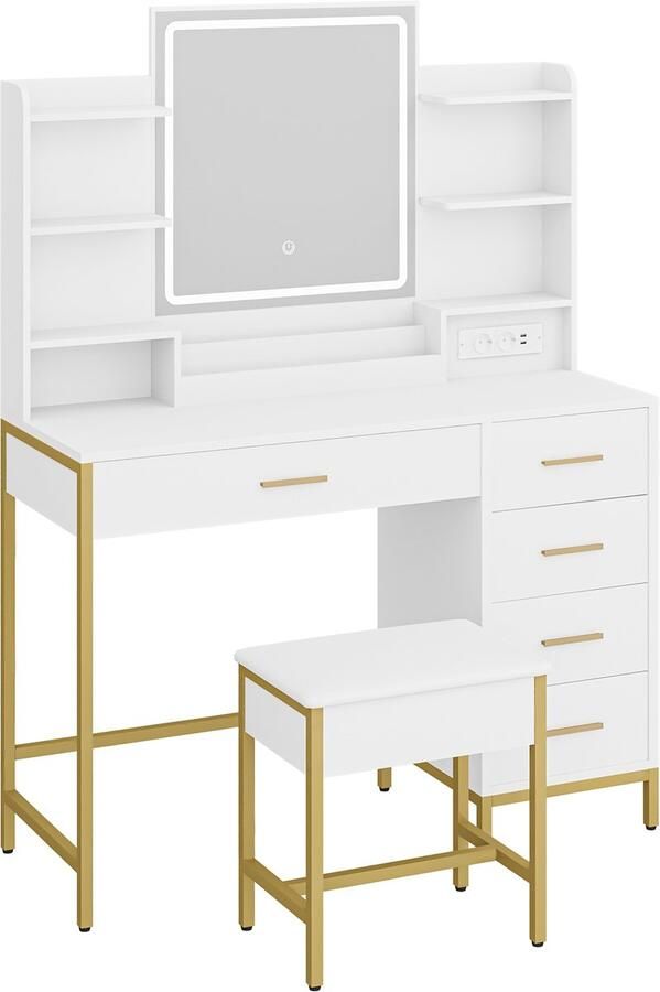 Make-up tafel set 2-delig dressoir ijdelheid tafel en kruk set met HD spiegel en LED-verlichting USB-oplaadpoort 5 laden moderne minimalistische stijl voor slaapkamer kleedkamer poederkamer badkamer - Foto 2