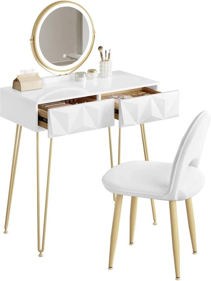 Corenia Make-up Tafel Dressing Tafel Set met 3-Niveau Verstelbare LED Spiegel en Fluwelen Stoel – 80x40 cm – Dressoir voor Slaapkamer – Perfect Cadeau voor Meisjes en Vrouwen