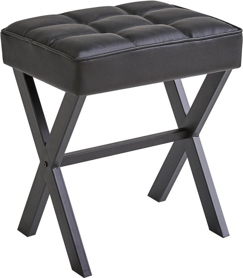 Vierkante make-upkruk met X-been voetsteun en PU voetensteun Ottomaanse zitkruk multifunctioneel als kleine bijzettafel voor slaapkamer en woonkamer zwart LG-71B