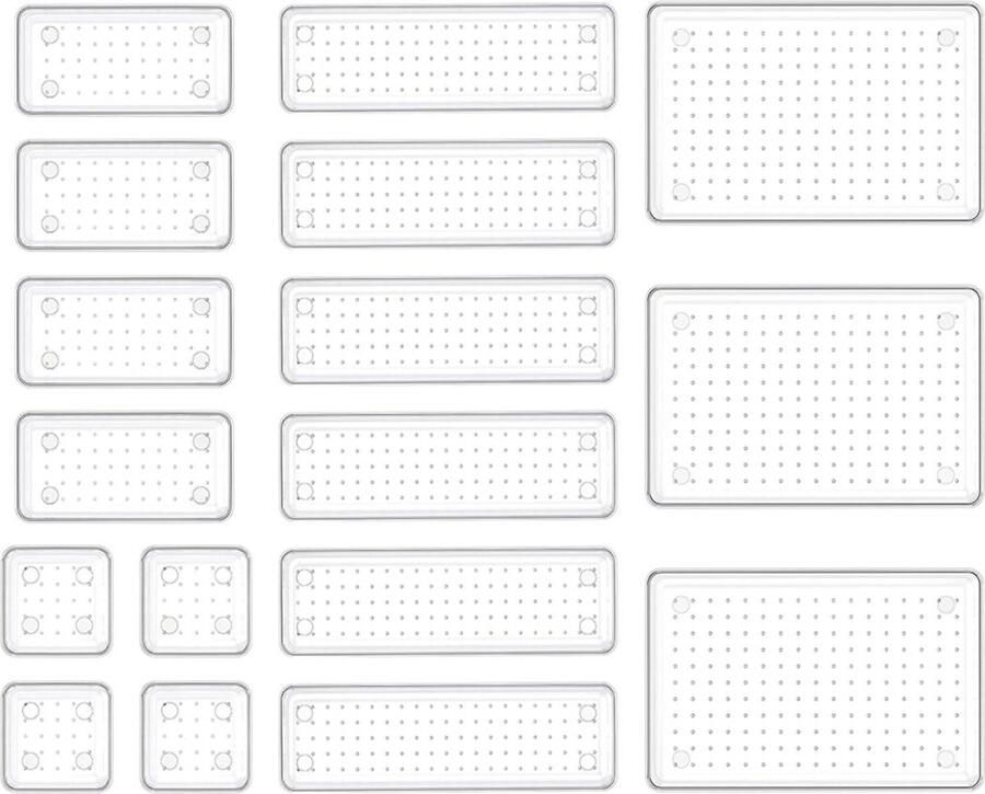 Make-uplade Organizer Trays 17 stuks 4-size Transparante Lade-organizers Silicone Pads Ijdelheidsorganisatoren Opslag Antislip Plastic Bureau Badkamer