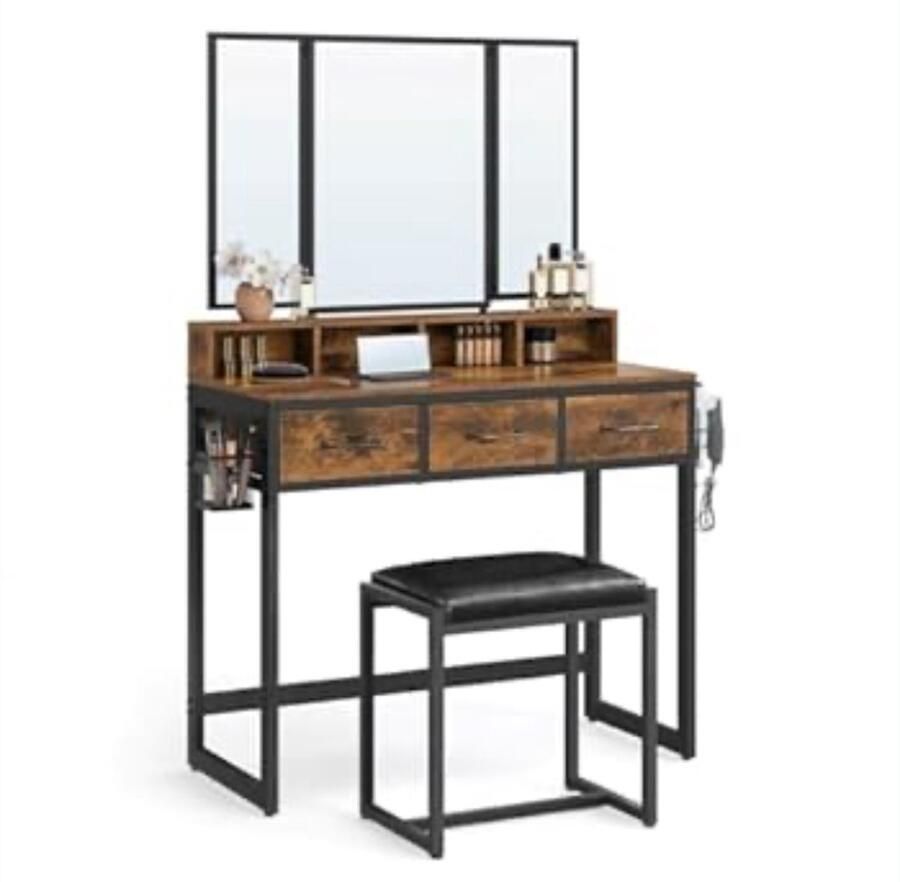 Make-uptafel met 3-delige klapspiegel haardrogerhouder met gevoerde kruk 3 laden vintage bruin-zwart