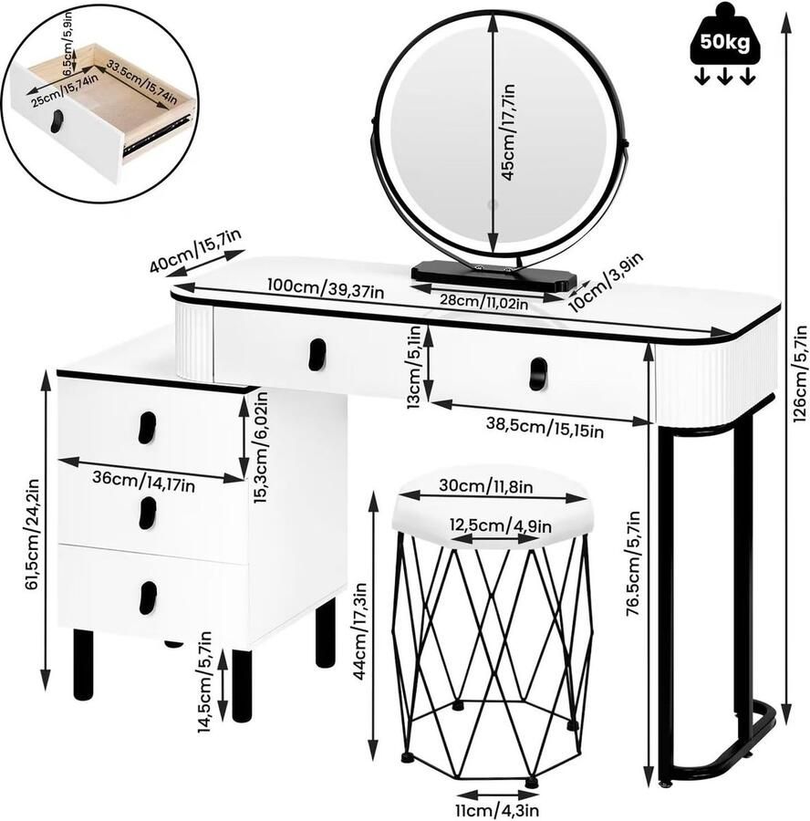 Make-uptafel met dimbare lampen kaptafel met 5 laden van massief hout flexibele montage 100 x 40 x 125 cm moderne kaptafel wit + zwart
