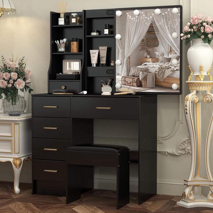 Make-uptafel met dimbare verlichting en schuifspiegel kaptafel met kruk 6 laden en 6 planken voor extra veel opbergruimte zwart 80 x 36 x 131 cm