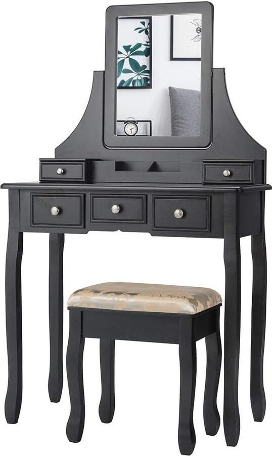 Make-uptafel met draaibare spiegel en opbergruimte – Elegante kaptafel met kruk