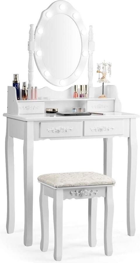 Make-uptafel met kruk 360° draaibare spiegel en 10 dimbare ledlampen kaptafel en afneembaar blad kaptafel met 4 lades 75 x 40 x 146 cm (wit)