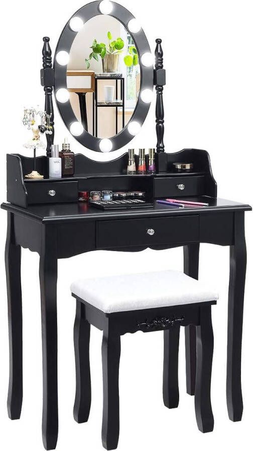 Make-uptafel met kruk 360° draaibare spiegel en 10 dimbare ledlampen kaptafel van tafel en afneembaar bovendeel make-uptafel met 4 laden 75 x 40 x 146 cm (zwart)
