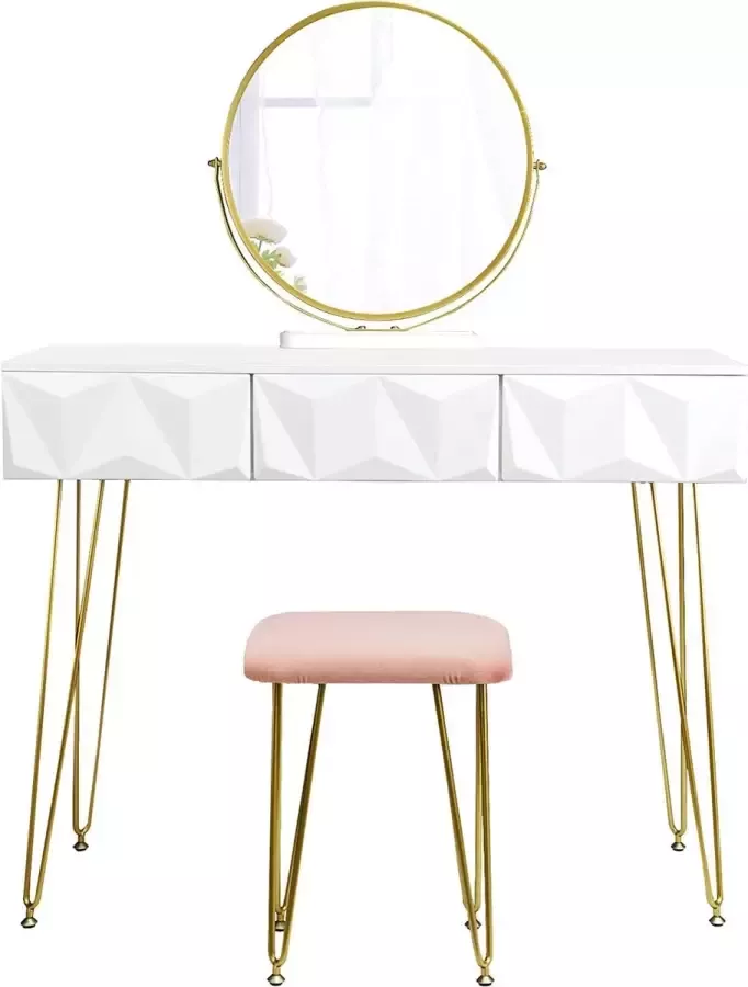 Make-uptafel met kruk en spiegel 360° draaibare make-upspiegel kaptafel met 3 laden gevoerde fluwelen kruk 3D-effect lade wit en goud