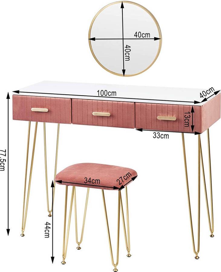 Make-uptafel met kruk spiegel kaptafel met laden groot tafelblad 100 x 40 cm moderne make-uptafel voor slaapkamer roze
