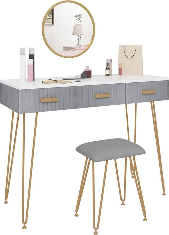 Make-uptafel met kruk spiegel kaptafel met schuifladen groot tafelblad 100 x 40 cm moderne make-uptafel voor slaapkamer grijs