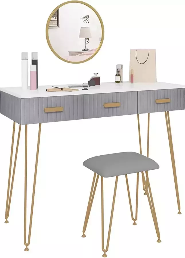 FURNIBELLA Make-uptafel met kruk spiegel kaptafel met schuifladen groot tafelblad 100 x 40 cm moderne make-uptafel voor slaapkamer grijs