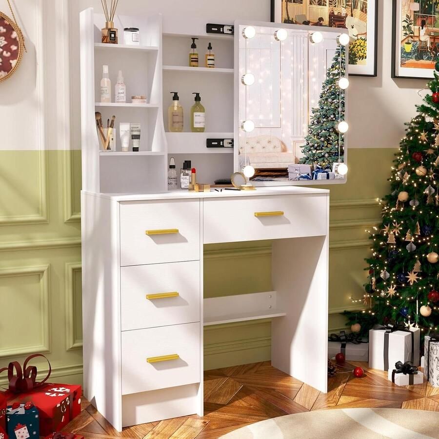 Make-uptafel met Ledverlichting Instelbare Helderheid Kaptafel met Spiegel en Kruk Witte Ijdelheid Tafel met 6 Planken en 4 Laden 80x36x131cm