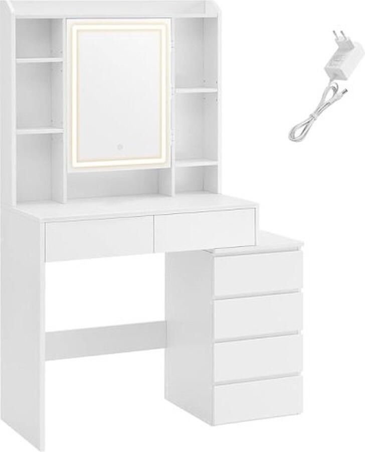 ZAZA Home Make-uptafel met ledverlichting instelbare helderheid kaptafel met spiegel make-uptafel met laden open vakken verstelbare planken modern wolkenwit