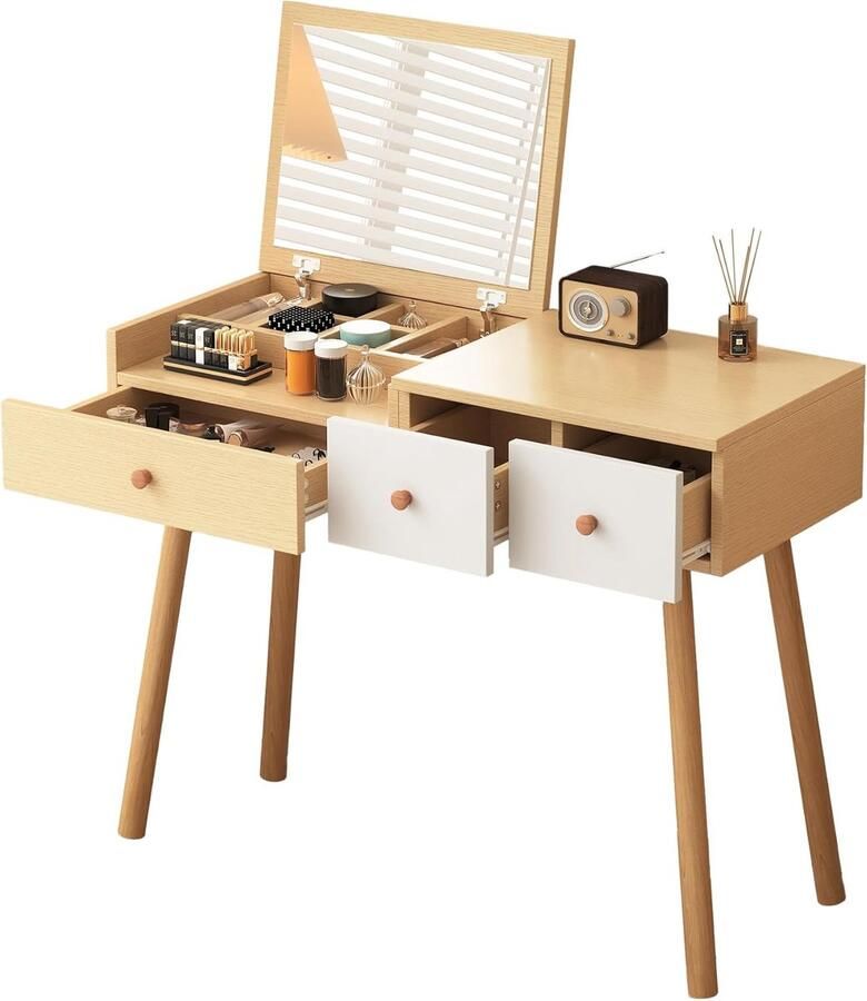 Make-uptafel met spiegel en gedeelde opbergruimte – houten kaptafel met 3 laden en 7 open vakken modern design 100 x 40 x 78 cm