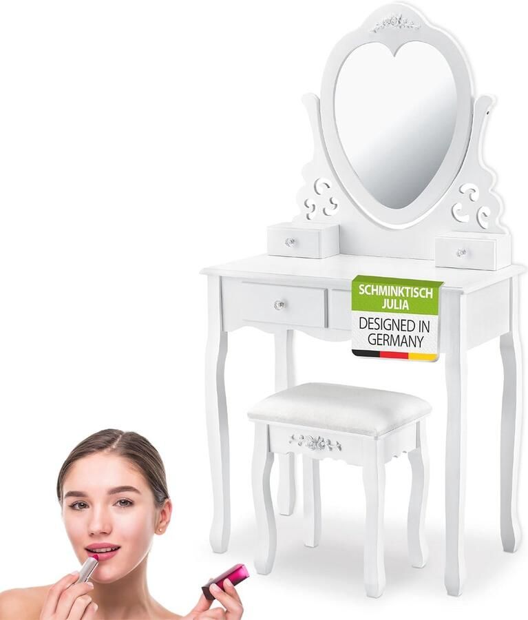 Make-uptafel met Spiegel en Kruk Kaptafel in Landelijke Stijl met 4 Laden voor Cosmetica