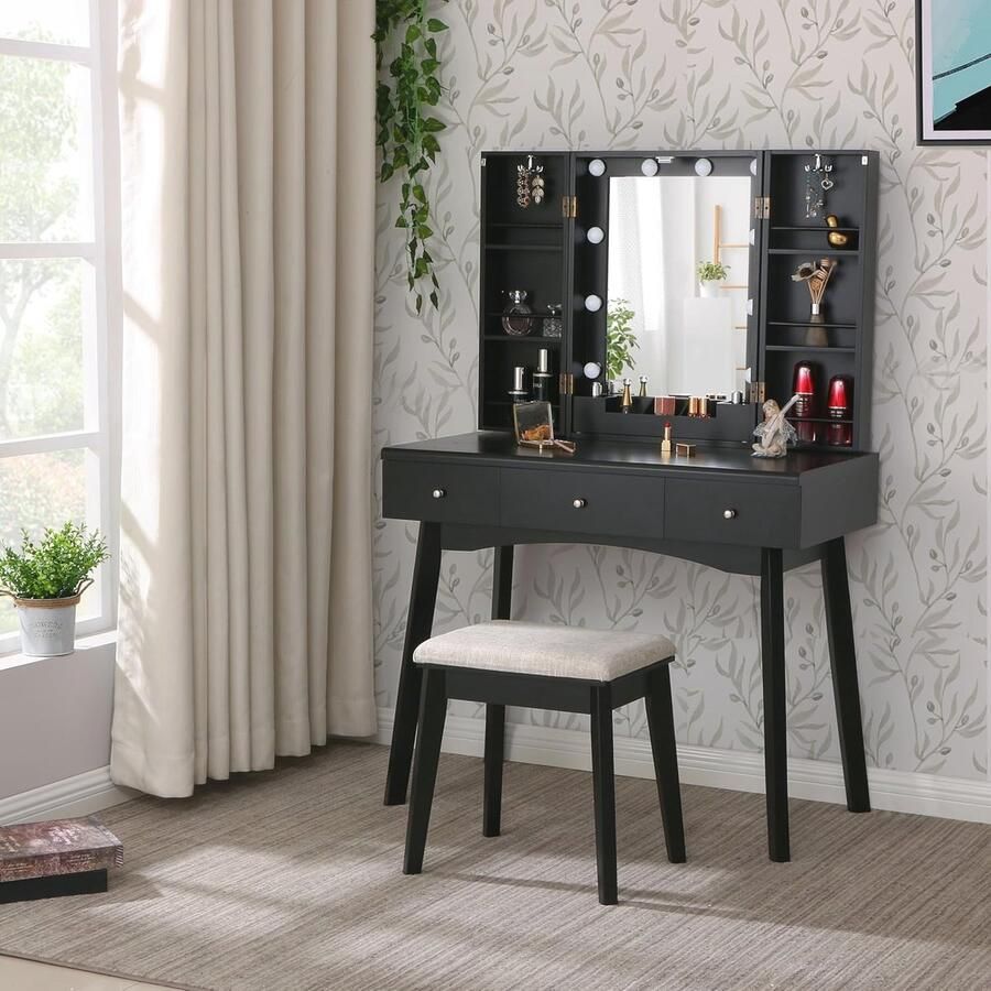 Make-uptafel met spiegel en LED-verlichting Zwart 10 Leds 3 Kleuren Mobiele Kruk