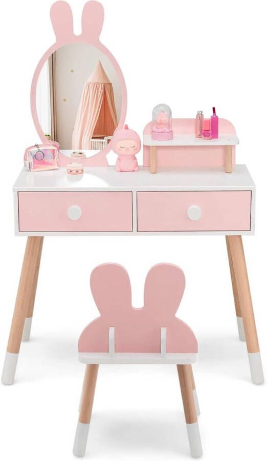 Make-uptafel voor kinderen met konijnendesign 2-in-1 kaptafel met spiegel 2 laden en plank make-upset met massief houten poten voor meisjes (roze)