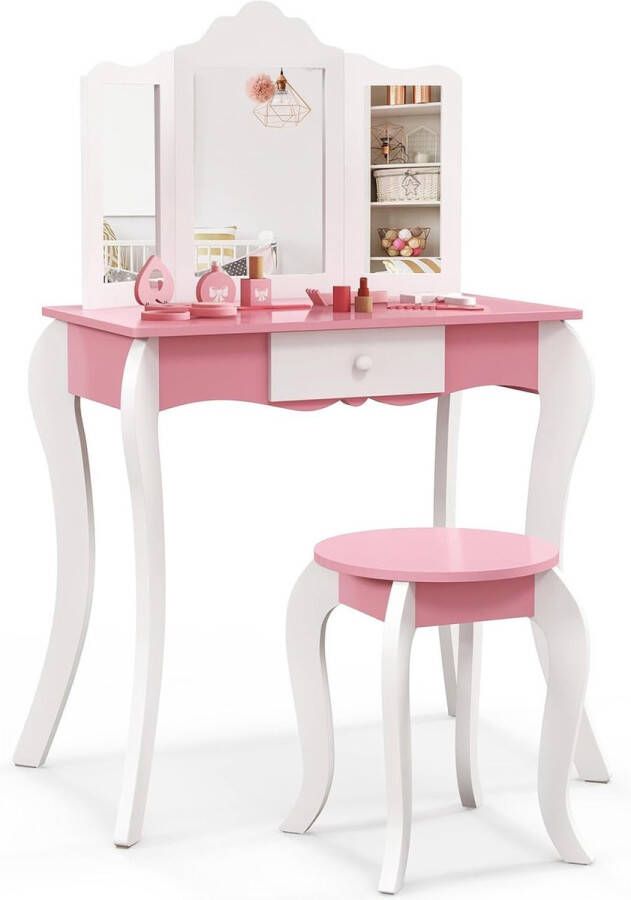 Make-uptafel voor kinderen met kruk kaptafel met 3-voudige afneembare spiegel kaptafel van hout met lade 68 x 42 x 100 cm (roze + wit)