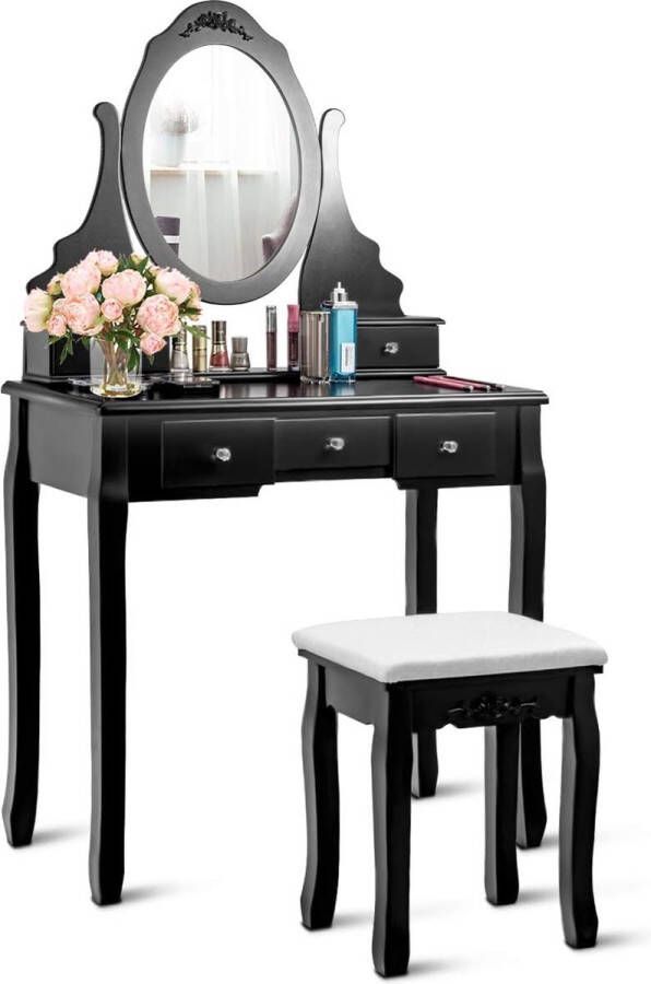 Make-uptafelset kaptafel met 360 graden draaibare ovale spiegel en stoel make-uptafel met 5 laden make-uptafel voor slaapkamer (wit)