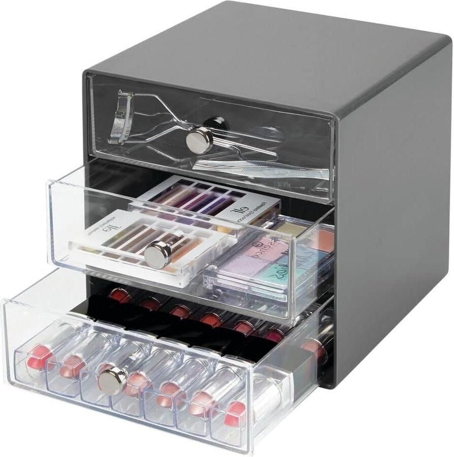 Makeup organiser with 3 separate drawers ideal for storing in bedroom and bathroom anthracite transparent