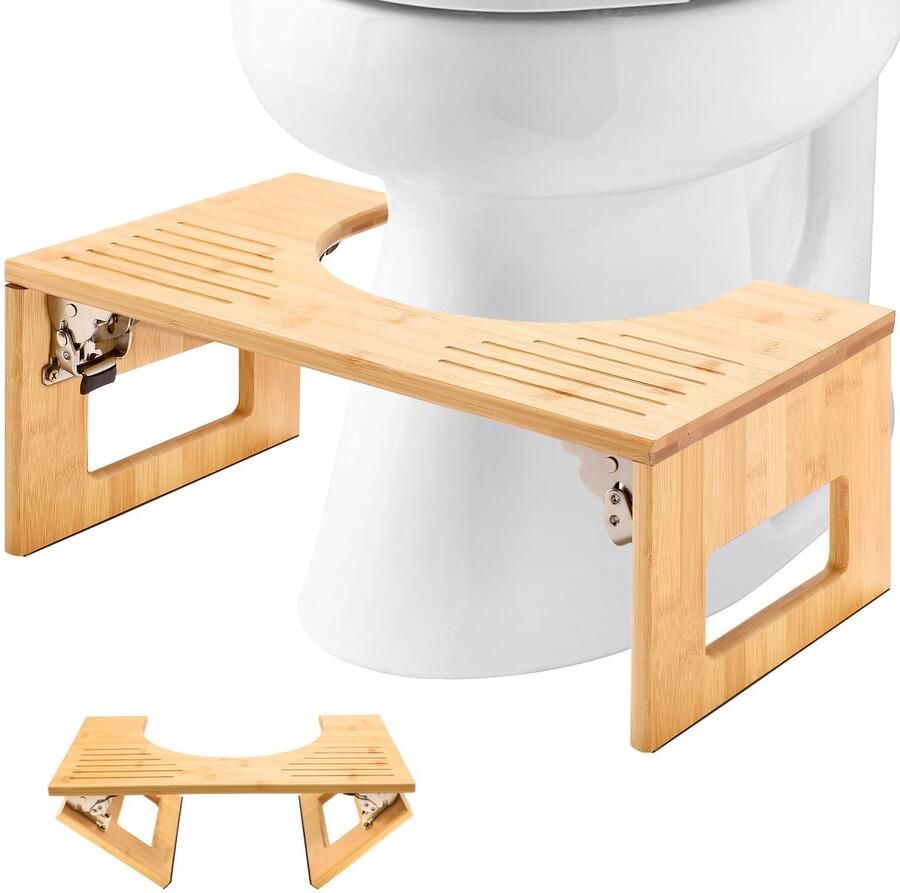 MallKing Bamboe Toiletkruk voor Volwassenen 7-inch Opvouwbare Toiletkruk Potje Badkamerkruk met Antislipmat voor Volwassenen Natuurlijk