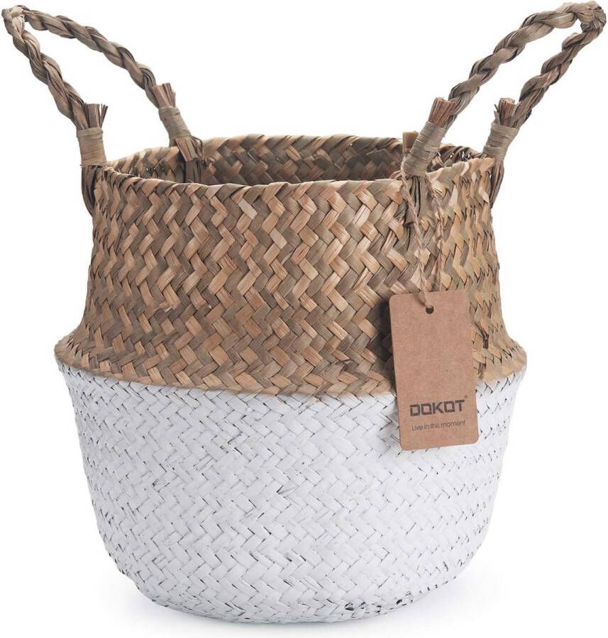 Mand bloempot natuurlijke mand geweven wasmand met handvat voor planten of speelgoedopslag wit 27 x 24 cm