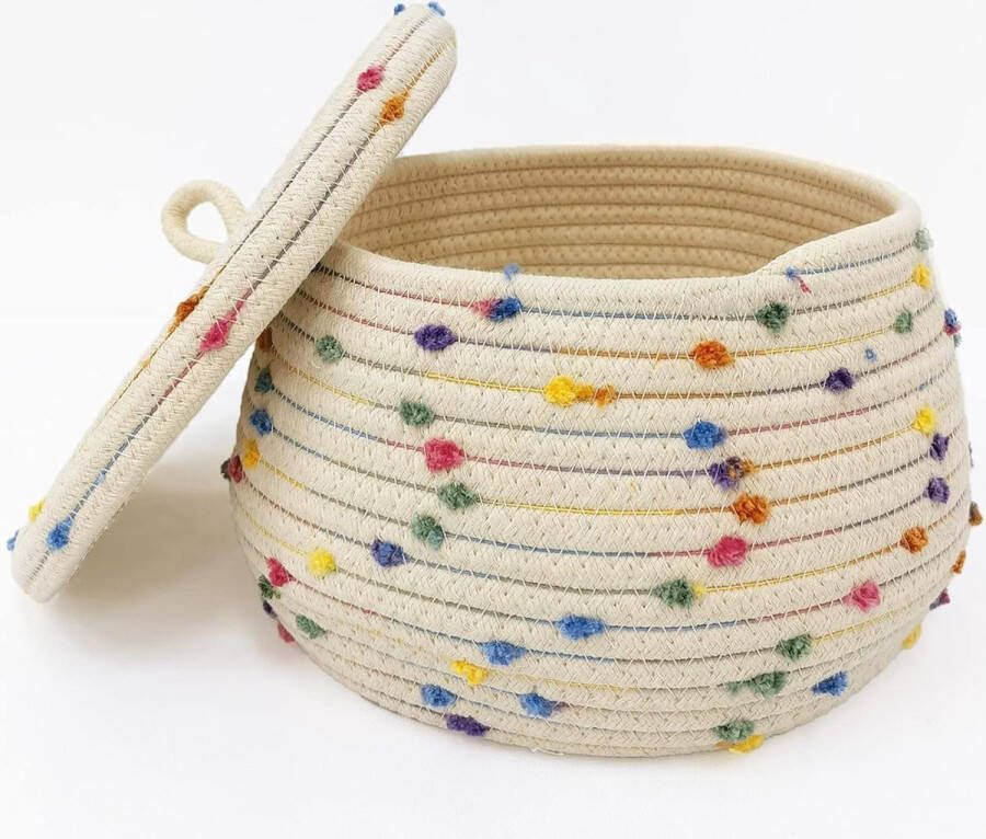 Mand van gevlochten katoenen touw Paascadeaumand Gevlochten met deksel voor planten garen kinderkameraccessoires snacks handdoeken Kleine geweven mand Crèmekleur met kleurrijke accenten
