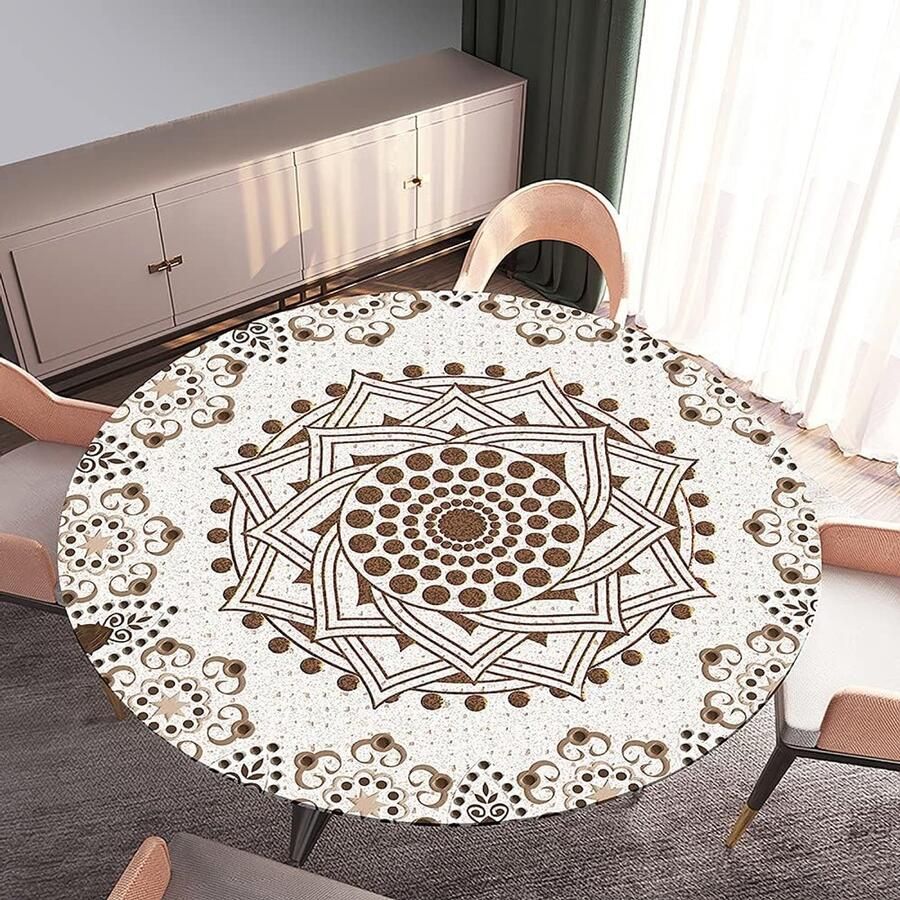 Mandala rond tafelkleed 3D waterdicht 120cm crème kleur
