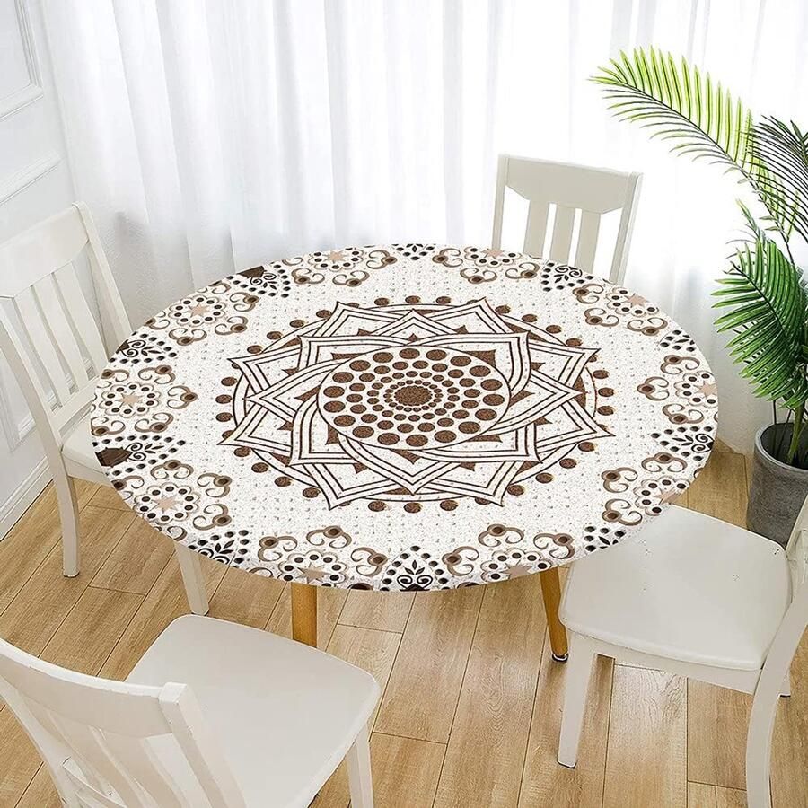 Mandala rond tafelkleed vlekbestendig 90cm crème kleur waterdicht