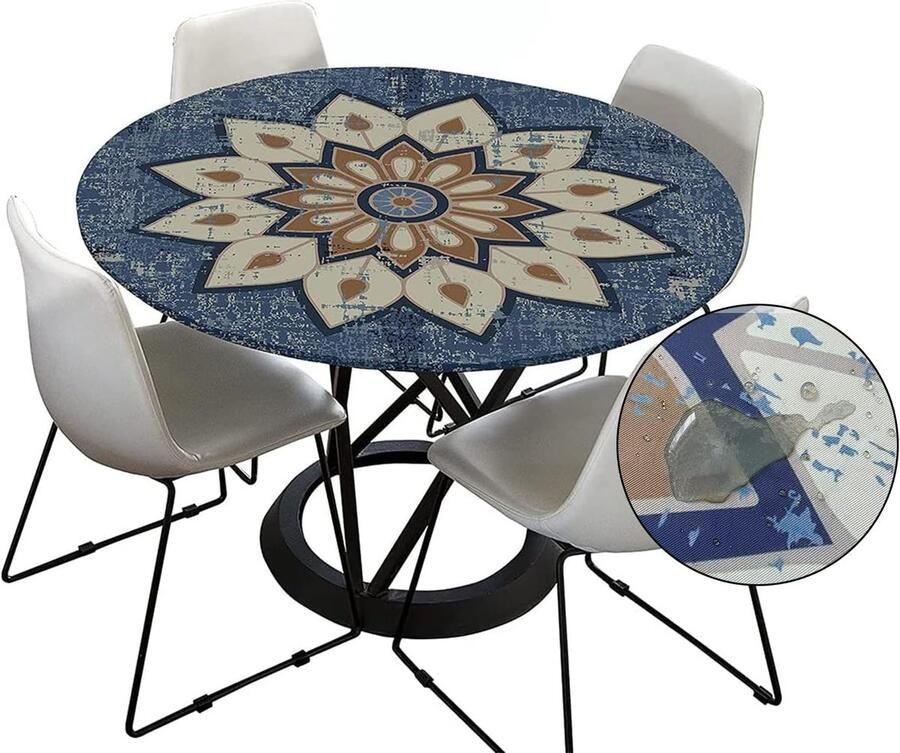 Mandala rond tafelkleed vlekbestendig en waterdicht 150 cm blauwgrijs
