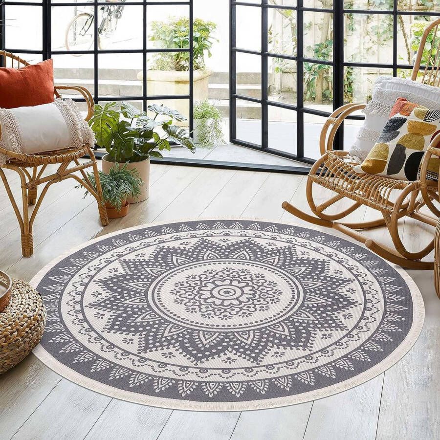 Mandala tapijt rond 120 cm katoenen tapijt wasbaar vloer katoenen tapijt grijs met kwastjes vintage tapijt geweven woonkamertapijt rond voor slaapkamer keuken binnen en buiten