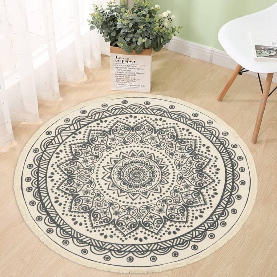 Mandala tapijt rond 120 cm zwart grijs katoenen tapijt met kwastjes Bohemian Marokko modern tapijt wasbaar vintage tapijt voor slaapkamer woonkamer keuken binnen en buiten