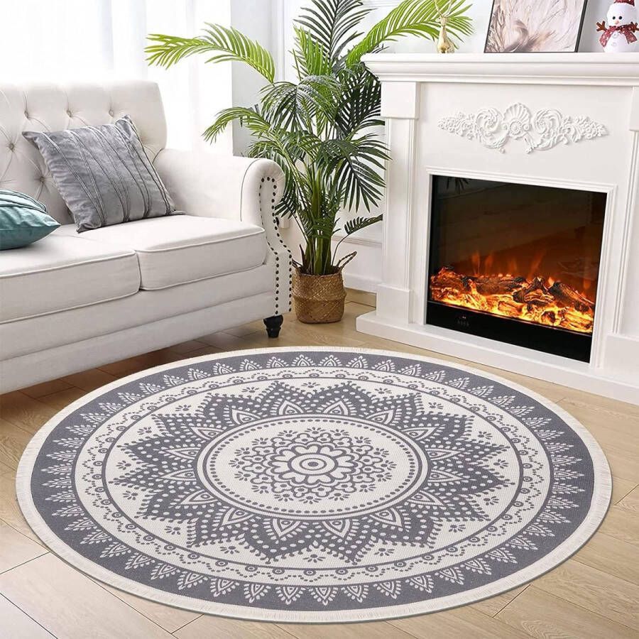 Mandala tapijt rond wasbaar 120 cm rond tapijt boho-grijs katoenen tapijt vintage tapijt rond handgeweven tapijt voor woonkamer outdoor hal tuin