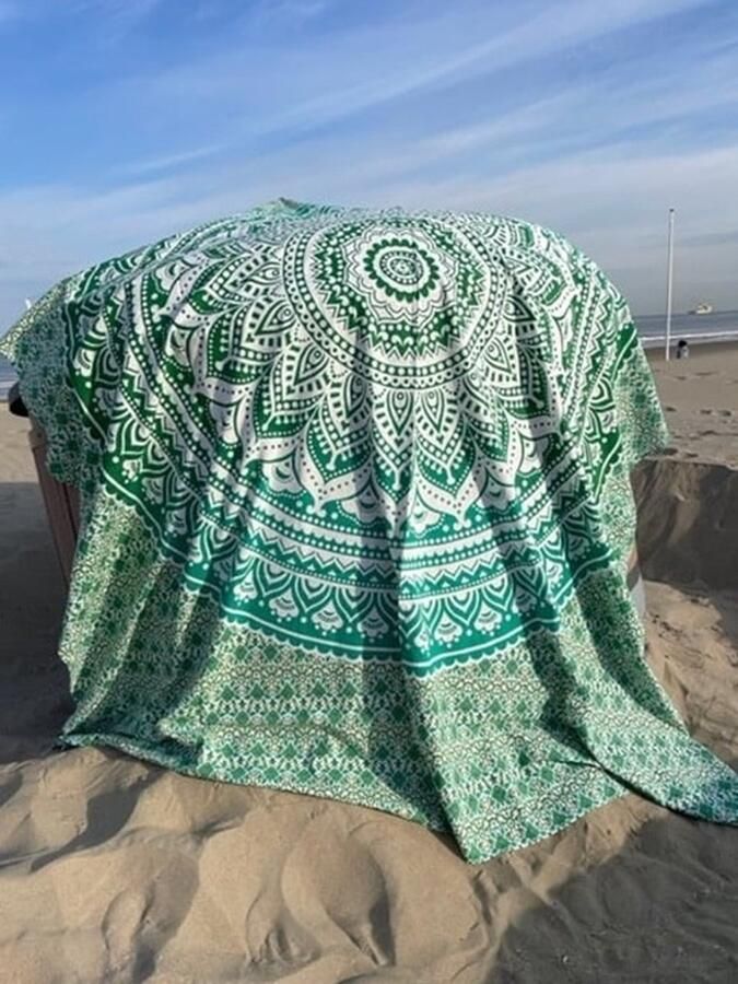 Mandaladoek groen 240 x 210 cm XXL Ibiza laken- Lichtgewicht strandlaken -2-persoons katoenen badlaken Boho bed & bank sprei Festivalkleed Familiestrandlaken Schaduwdoek Muur decoratie Picknickkleed