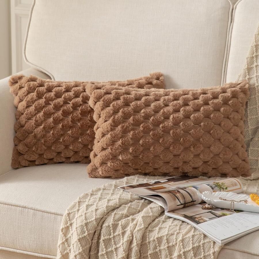 Mandioo set van 2 bruine superzachte decoratieve pluche kussenhoezen 30 x 50 cm wollen fluwelen kussenslopen kussensloop bankkussen decoratief kussen pluizig voor bank slaapbank woonkamer