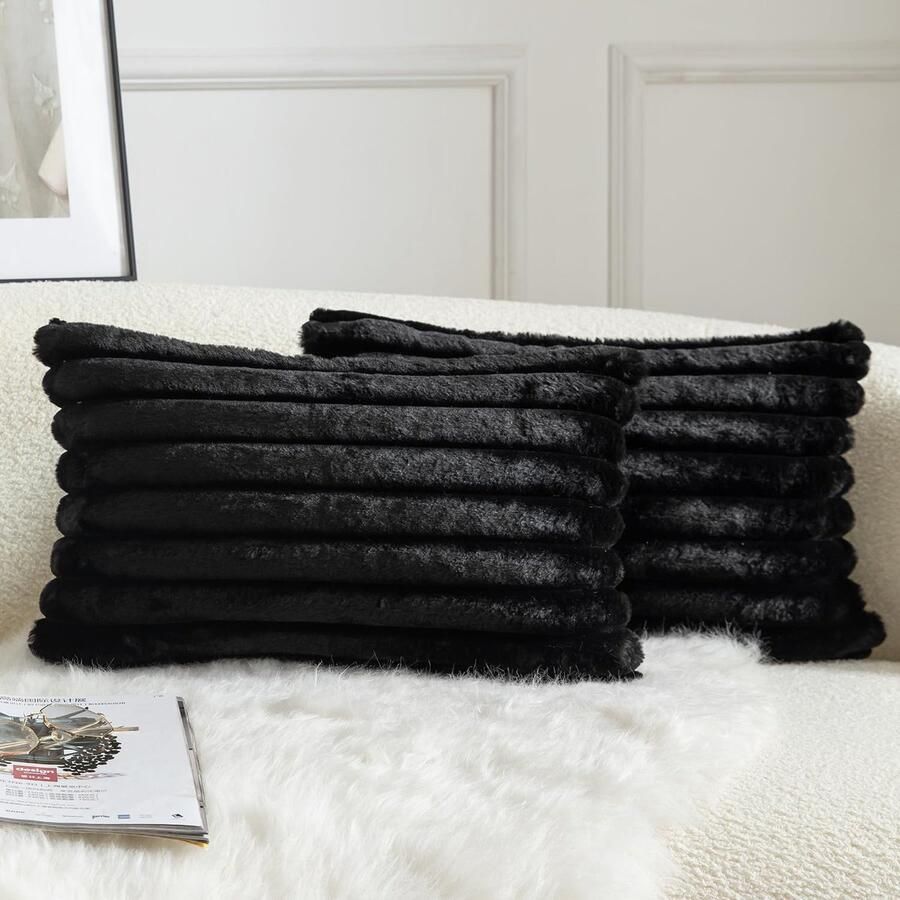 Mandioo Set van 2 kussenhoezen gestreept kunstbont superzacht kussen pluizige moderne kussenhoes decoratieve bank woonkamer slaapkamer kussenhoezen 30 x 50 cm zwart