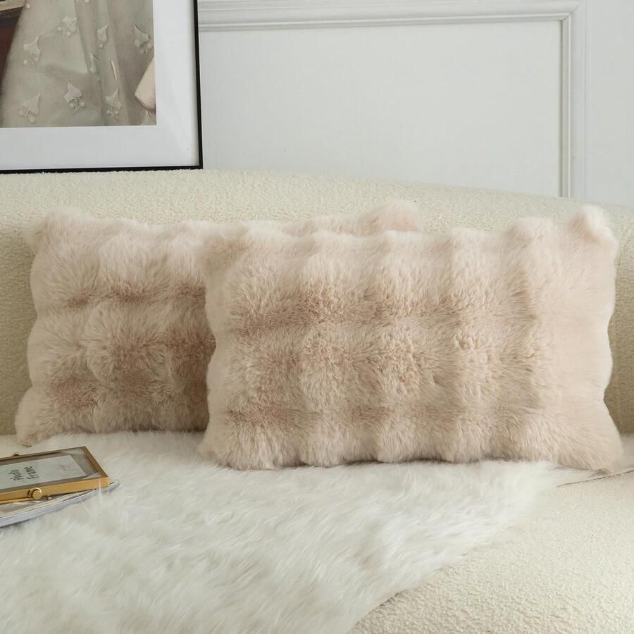 Mandioo Set van 2 luxe decoratieve dikke wollen kussenhoezen Superzachte golvende bubbel pluche wollen kussenslopen Decoratieve kussenhoezen Bankkussen Slaapkamerkussenhoes voor bank 30x50cm Beige