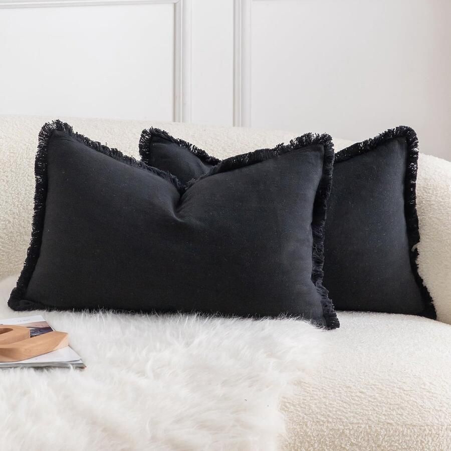 Mandioo Set van 2 neutrale katoenen kussenhoezen met kwastjes 30 x 50 cm decoratieve kussenhoezen sierkussens boho bankkussens kussensloop voor bank sofa slaapkamer woonkamer woondecoratie zwart