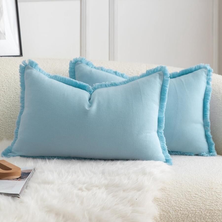 Mandioo Set van 2 neutrale katoenen kussenhoezen met kwastjes 40 x 60 cm decoratieve kussenhoezen sierkussens boho bankkussens kussensloop voor bank sofa slaapkamer woonkamer woondecoratie lichtblauw