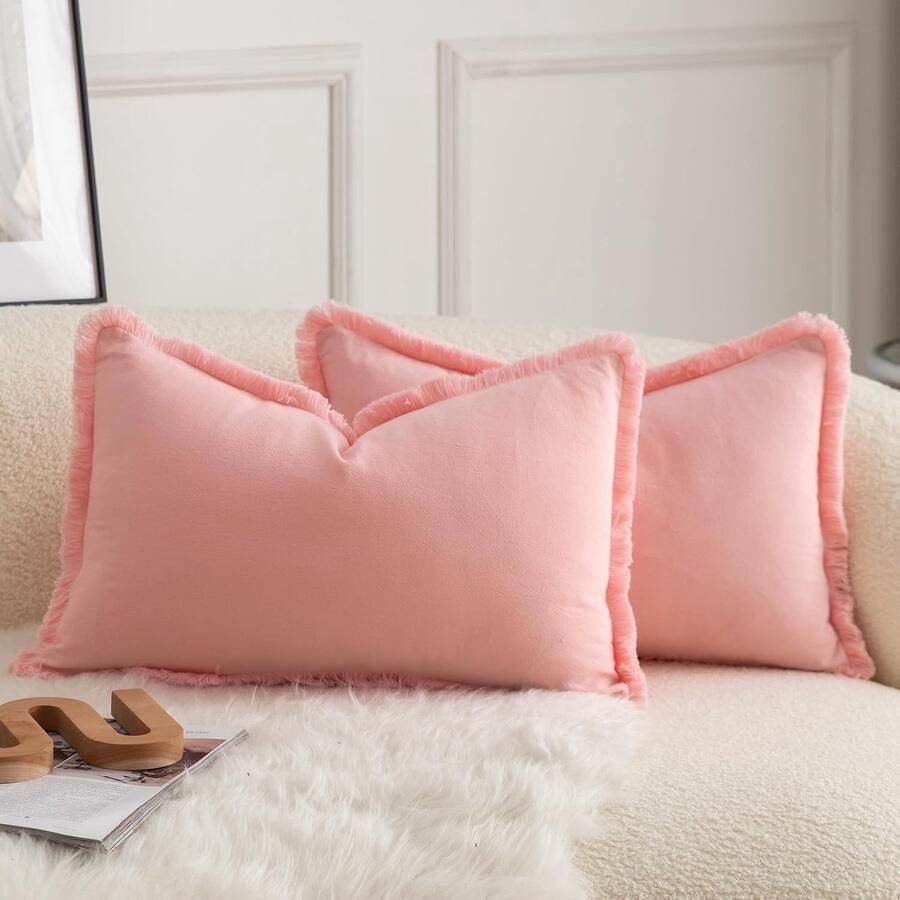 Mandioo Set van 2 neutrale katoenen kussenhoezen met kwastjes 40 x 60 cm decoratieve kussenhoezen sierkussens boho bankkussens kussensloop voor bank slaapkamer woonkamer woondecoratie roze