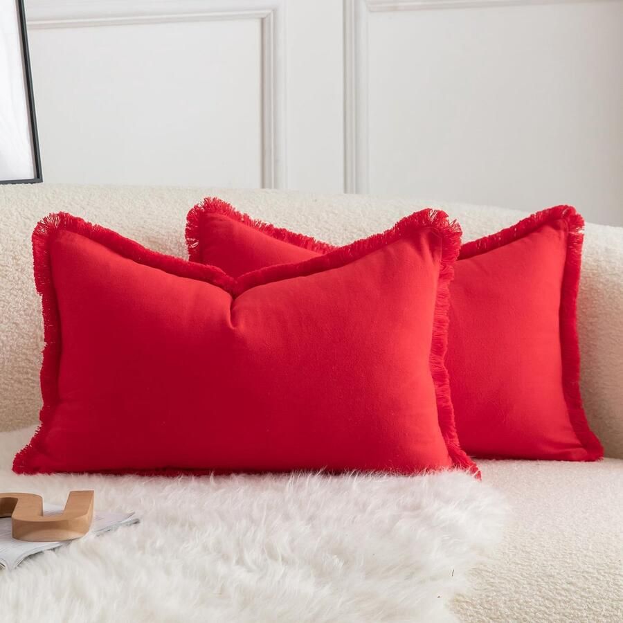 Mandioo Set van 2 neutrale katoenen kussenhoezen met kwastjes 40 x 60 cm decoratieve kussenhoezen sierkussens boho bankkussens kussensloop voor bank slaapkamer woonkamer woondecoratie rood