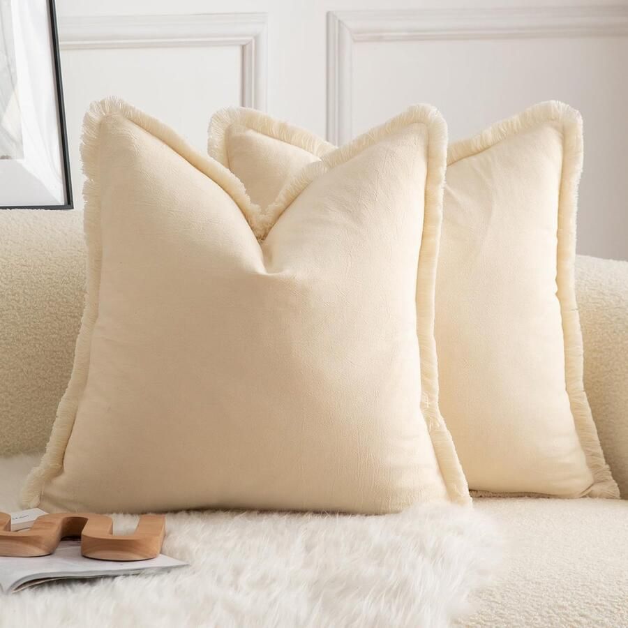 Mandioo Set van 2 neutrale katoenen kussenhoezen met kwastjes 40 x 40 cm decoratieve kussenhoezen sierkussens boho bankkussens kussensloop voor bank sofa slaapkamer woonkamer woondecoratie beige