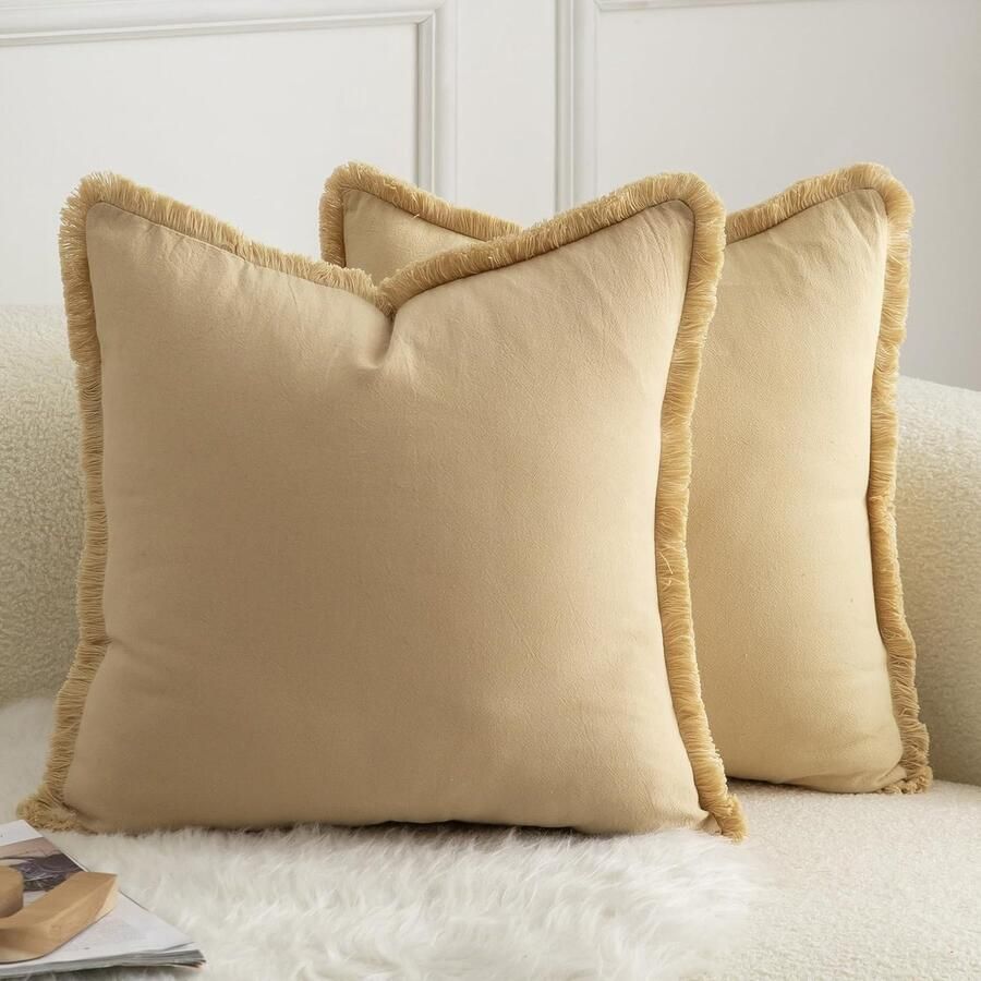 Mandioo Set van 2 neutrale katoenen kussenhoezen met kwastjes 60 x 60 cm decoratieve kussenhoezen sierkussens boho bankkussens kussensloop voor bank sofa slaapkamer woonkamer woondecoratie khaki